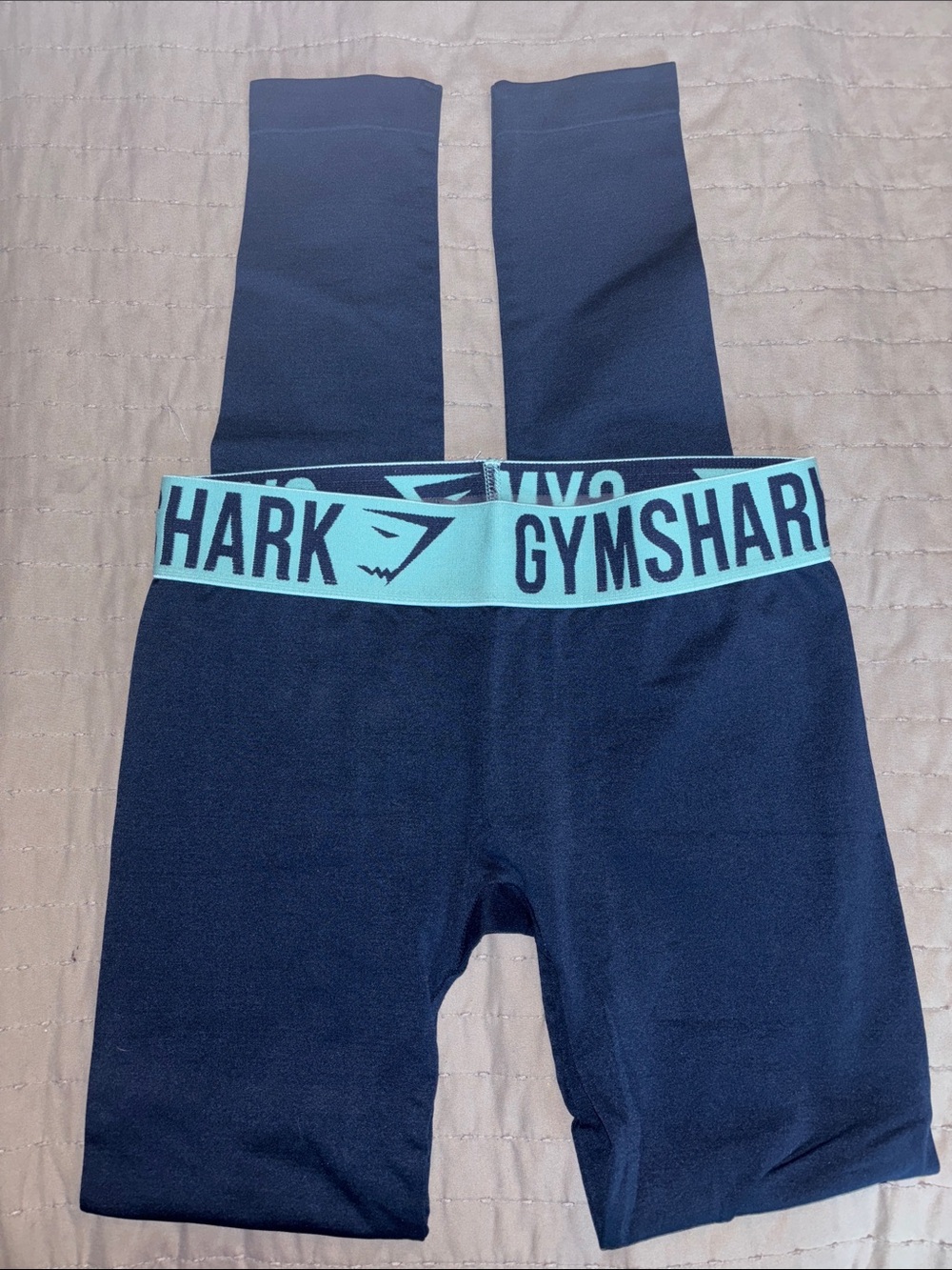 Gymshark Navy Leggings with Teal Logo Waistband